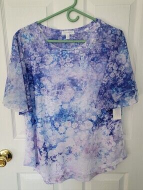 Concepts Women's Size L 12-14 Blue Purple Floral Flutter Sleeve Blouse NWT